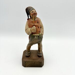 VTG Folk Art Hand Carved Wood Figurine 7.5" Man Smoking Pipe Cap EJB Switzerland
